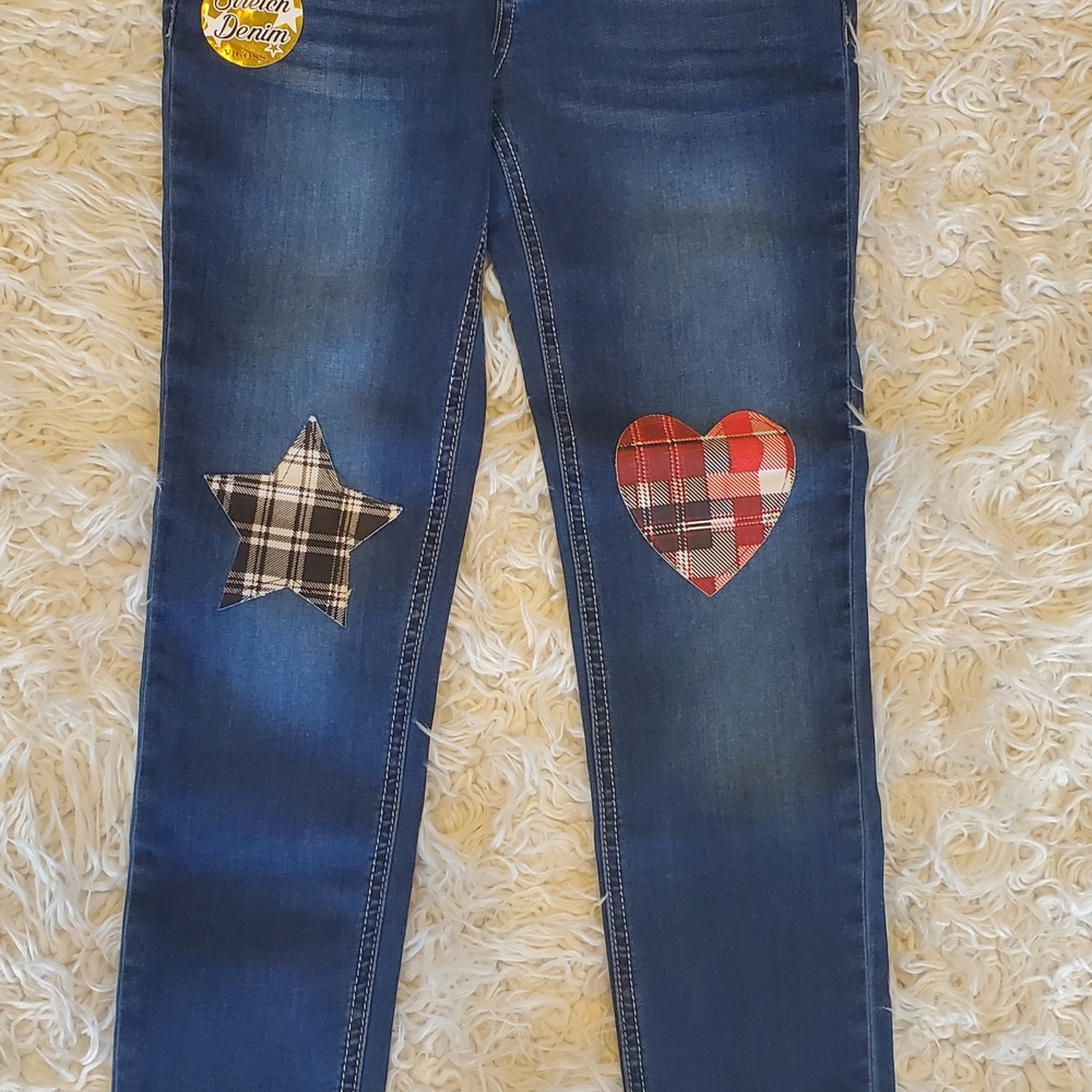 VIGOSS| GIRLS Blue Sinny Jeans with Plaid Heart and Star Patches
